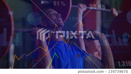 Pressing man wearing blue athletic tee holding loaded barbell in gym, with floating charts Pressing man wearing blue athletic tee holding loaded barbell in gym, with floating charts 139739678