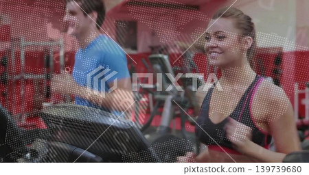 Running woman right treadmill black-top pink-strapped red-banded at gym dotted overlay, copy space 139739680