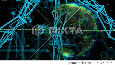 Rotating particle globe at right in cyberspace, showing cyan lattice, hex grid, waveforms, code Rotating particle globe at right in cyberspace, showing cyan lattice, hex grid, waveforms, code 139739686