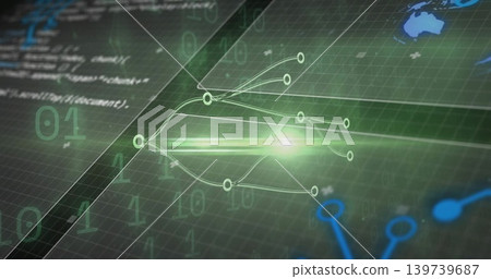 Rendering glowing central node with branching lines on virtual green grid, showing binary digits Rendering glowing central node with branching lines on virtual green grid, showing binary digits 139739687