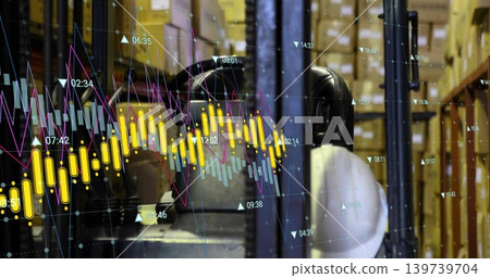 Showing forklift cabin seat, control levers in warehouse aisle, white hard hat, data overlay Showing forklift cabin seat, control levers in warehouse aisle, white hard hat, data overlay 139739704