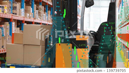 Parking orange electric truck beside blue pallet with four stacked boxes in aisle showing overlays Parking orange electric truck beside blue pallet with four stacked boxes in aisle showing overlays 139739705
