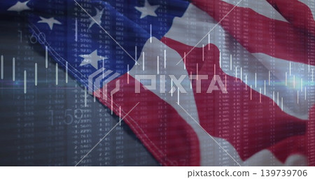 Displaying American flag fabric waving in studio, overlaying candlestick charts and tickers Displaying American flag fabric waving in studio, overlaying candlestick charts and tickers 139739706
