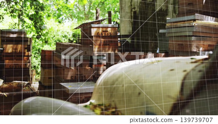 Displaying stacked worn crates with stamped markings in rustic shed, blurred hull and sunlit trees Displaying stacked worn crates with stamped markings in rustic shed, blurred hull and sunlit trees 139739707