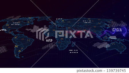 Displaying neon blue wireframe world map on tilted 3D virtual dashboard, with hexagonal clusters Displaying neon blue wireframe world map on tilted 3D virtual dashboard, with hexagonal clusters 139739745