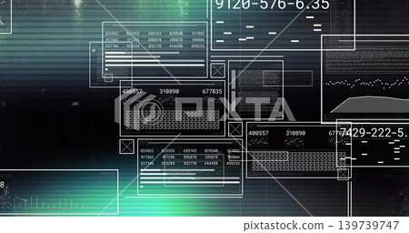 Displaying central UI cluster on virtual HUD, showing numeric codes, keyboard grid and charts Displaying central UI cluster on virtual HUD, showing numeric codes, keyboard grid and charts 139739747