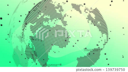 Rotating stylized dotted globe showing dot continents in digital UI, with markers and dashed lines Rotating stylized dotted globe showing dot continents in digital UI, with markers and dashed lines 139739750