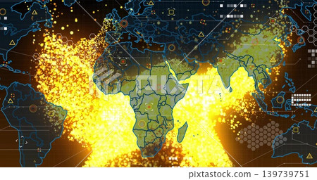 Animating Earth map over Africa showing yellow-orange particle clouds on virtual interface hex grid 139739751