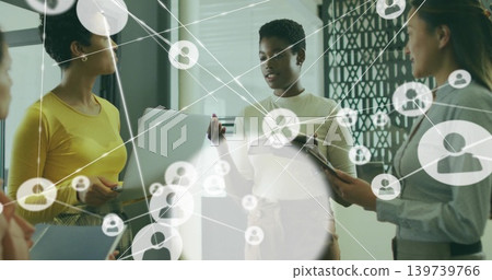 Speaking centered woman in business casual holding tablet, gesturing in office with digital overlay Speaking centered woman in business casual holding tablet, gesturing in office with digital overlay 139739766