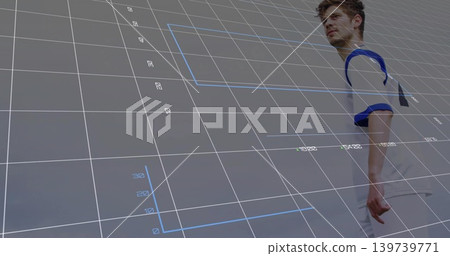 Standing man wearing white T-shirt with blue trim at studio backdrop, projected 3D grid, copy space Standing man wearing white T-shirt with blue trim at studio backdrop, projected 3D grid, copy space 139739771