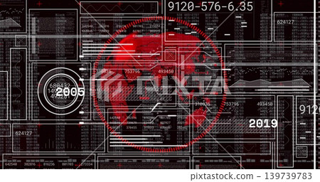 Displaying red skull silhouette dominating circular HUD, showing data panels, 2005 2019 waveforms Displaying red skull silhouette dominating circular HUD, showing data panels, 2005 2019 waveforms 139739783