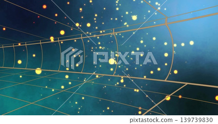 Flowing gold grid tunnel pulling glowing yellow orbs and spark particles through digital corridor Flowing gold grid tunnel pulling glowing yellow orbs and spark particles through digital corridor 139739830