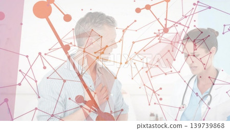 Man clutching chest, seeing doctor in white coat in clinic, shirt visible, stethoscope, overlay Man clutching chest, seeing doctor in white coat in clinic, shirt visible, stethoscope, overlay 139739868