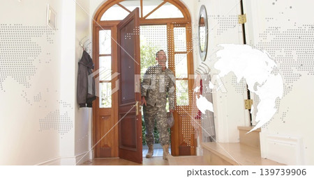 Standing soldier holding camo helmet in camo uniform and boots entering home foyer with map overlay Standing soldier holding camo helmet in camo uniform and boots entering home foyer with map overlay 139739906