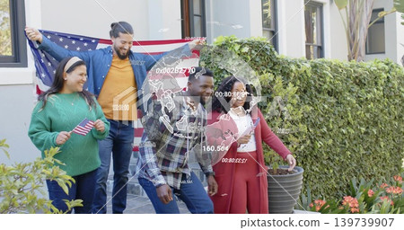 Posing five adults leaning on front steps of house, holding US flags with globe overlay Posing five adults leaning on front steps of house, holding US flags with globe overlay 139739907