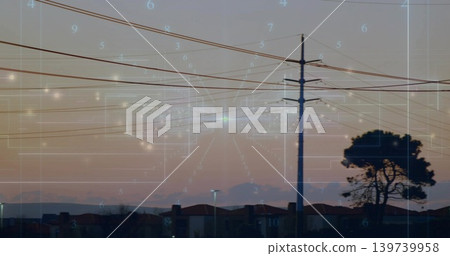 Displaying pole, crossarms and power lines in suburban dusk, rooftops, lone tree, streetlights, HUD Displaying pole, crossarms and power lines in suburban dusk, rooftops, lone tree, streetlights, HUD 139739958