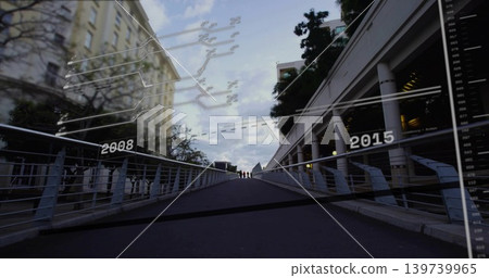 Walking pedestrians wearing coats ascending footbridge with metal rails HUD labels 2008 2015 139739965
