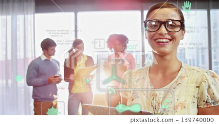 Showing front woman wearing floral blouse and glasses holding tablet in bright office, AR overlays Showing front woman wearing floral blouse and glasses holding tablet in bright office, AR overlays 139740000