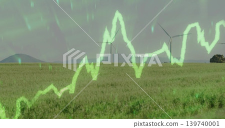 Displaying neon-green jagged waveform overlay over rural grassy field, with two wind turbines, 71 Displaying neon-green jagged waveform overlay over rural grassy field, with two wind turbines, 71 139740001