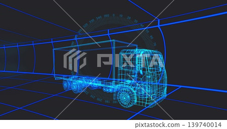 Showing neon wireframe cargo truck occupying virtual tunnel center, with grid floor and angle HUD Showing neon wireframe cargo truck occupying virtual tunnel center, with grid floor and angle HUD 139740014