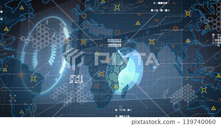 Displaying digital world map focusing on eastern Africa with radar ring, hex-grid nodes on console Displaying digital world map focusing on eastern Africa with radar ring, hex-grid nodes on console 139740060