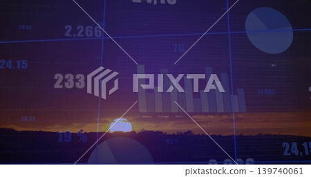 Blending sunset horizon with sun and treeline while overlaying bar chart, gridlines, numeric labels Blending sunset horizon with sun and treeline while overlaying bar chart, gridlines, numeric labels 139740061