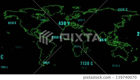 Displaying neon-green world map outline pulsing with cyan labels and currency symbols on dark HUD Displaying neon-green world map outline pulsing with cyan labels and currency symbols on dark HUD 139740070