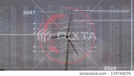 Showing wind turbine tower nacelle rotor at wind farm overlaying red globe data lines 2007 2020 Showing wind turbine tower nacelle rotor at wind farm overlaying red globe data lines 2007 2020 139740076
