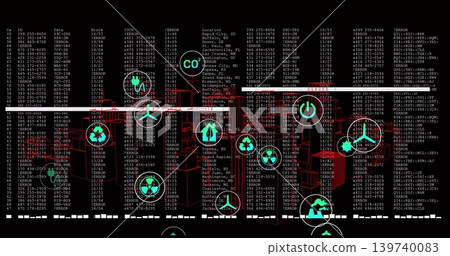 Displaying wireframe city running on dashboard, showing red buildings, teal icons, data columns Displaying wireframe city running on dashboard, showing red buildings, teal icons, data columns 139740083