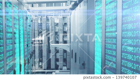 Showing centered server rack row running cyan LED code panels in data center, with bundled cables 139740107