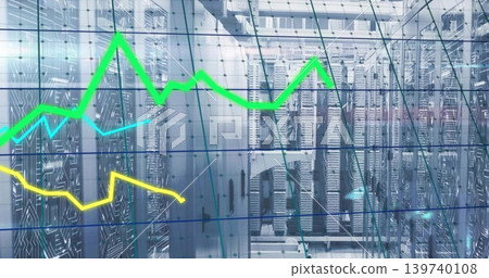 Displaying server racks humming inside data center, showing overlay green yellow cyan line charts 139740108