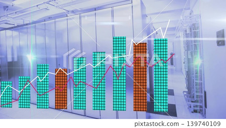 Displaying chart overlay on server room aisle, showing teal orange bars, white-magenta trend lines 139740109
