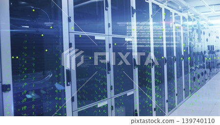 Running glass-front server cabinets with LED indicators along data center aisle, with green binary 139740110