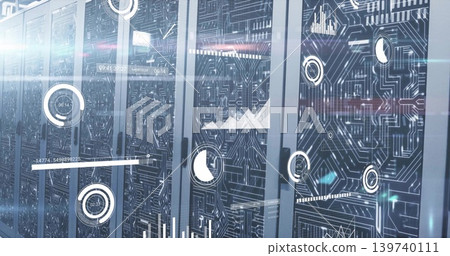 Illuminating row of server cabinets showing HUD graphics in data center, with LED indicators 139740111