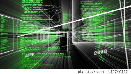 Streaming code panels and wireframes forming virtual data corridor, white streaks, labels 2000 2020 139740112