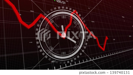 Displaying central analog clock graphic showing three hands on dark 3D grid, with red chart Displaying central analog clock graphic showing three hands on dark 3D grid, with red chart 139740131