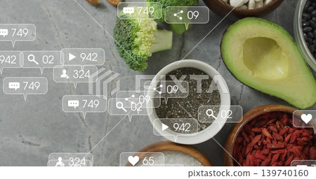 Displaying white ceramic bowl of chia seeds on gray countertop, with halved avocado and overlays Displaying white ceramic bowl of chia seeds on gray countertop, with halved avocado and overlays 139740160