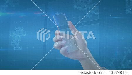 Displaying adult right hand pressing touch icon on clear phone in blue tech backdrop, light sleeve Displaying adult right hand pressing touch icon on clear phone in blue tech backdrop, light sleeve 139740191