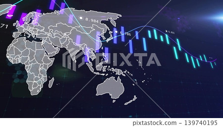 Displaying grey Eastern globe map over dark panel, showing neon bars, line graph, numeric markers Displaying grey Eastern globe map over dark panel, showing neon bars, line graph, numeric markers 139740195