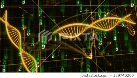 Twisting golden DNA helix ribbons glowing over dark grid plane, streaming neon binary and nodes Twisting golden DNA helix ribbons glowing over dark grid plane, streaming neon binary and nodes 139740200