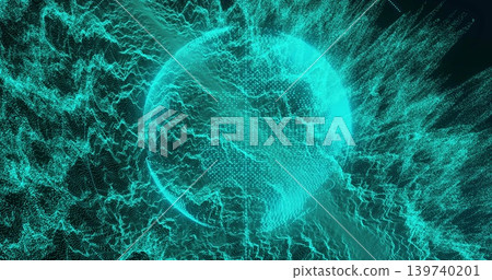 Pulsing wireframe globe occupying center in virtual data space, radiating particle waves 139740201