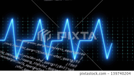 Displaying neon-blue waveform trace glowing across dark dashboard with teal dot grid, code Displaying neon-blue waveform trace glowing across dark dashboard with teal dot grid, code 139740204