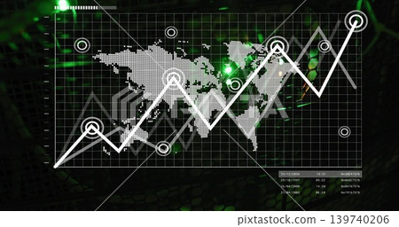 Displaying white zigzag graph with nodes climbing across HUD grid, dotted map and green flares Displaying white zigzag graph with nodes climbing across HUD grid, dotted map and green flares 139740206