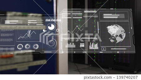 Projecting holographic data dashboard floating over data center, showing charts, gauges, rack LEDs Projecting holographic data dashboard floating over data center, showing charts, gauges, rack LEDs 139740207
