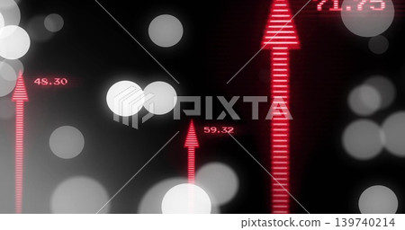 Displaying large segmented red upward arrow glowing on dark canvas, with numeric labels and bokeh Displaying large segmented red upward arrow glowing on dark canvas, with numeric labels and bokeh 139740214