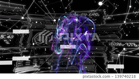 Glowing central brain-shaped nebula floating in virtual 3D space, with node network and data panels Glowing central brain-shaped nebula floating in virtual 3D space, with node network and data panels 139740218