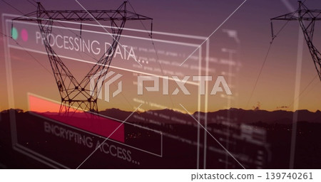 Silhouetting tower spanning power lines at dusk, overlaying PROCESSING DATA, ENCRYPTING ACCESS Silhouetting tower spanning power lines at dusk, overlaying PROCESSING DATA, ENCRYPTING ACCESS 139740261
