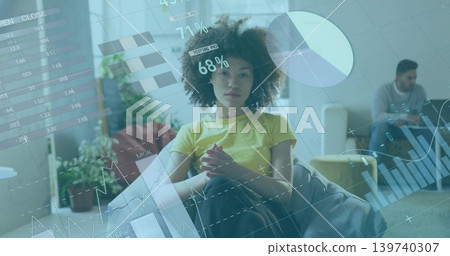 Sitting woman wearing yellow tee clasping hands at home, data overlays showing charts, percentages Sitting woman wearing yellow tee clasping hands at home, data overlays showing charts, percentages 139740307