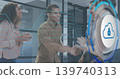Shaking center man and right man in office by glass wall, wearing shirts with cloud-lock overlay 139740313