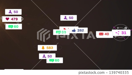 Floating cluster of notification badges hovering on dark UI overlay, showing icons and counts 139740335